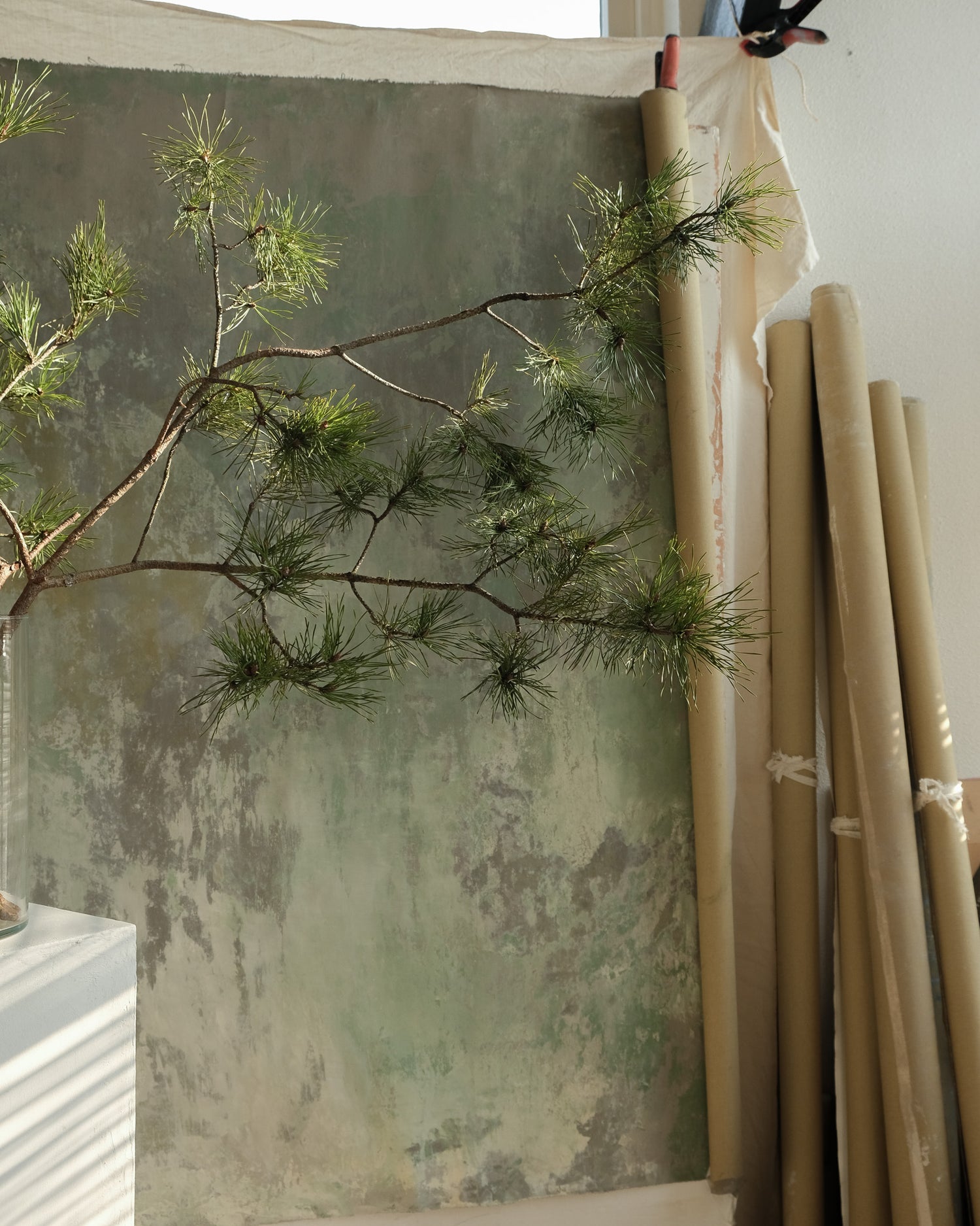 Textured green canvas backdrop with aged patina, featuring rich depth and natural imperfections. Ideal for creative photography.